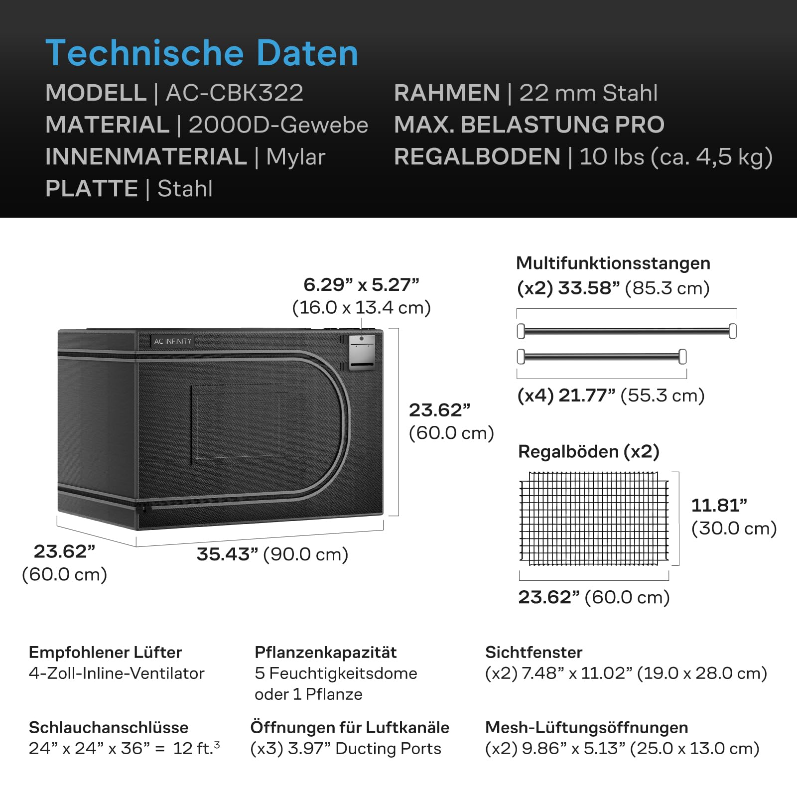 AC Infinity CLOUDLAB Advance Anzuchtzelt, 2000D Diamond-Mylar-Gewebe