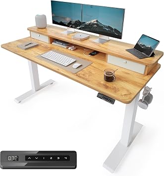 55x24 Inch Electric Standing Desk with Double Drawers, Adjustable Feet & Hooks, Ergonomic Home Office Workstation, Light Rustic