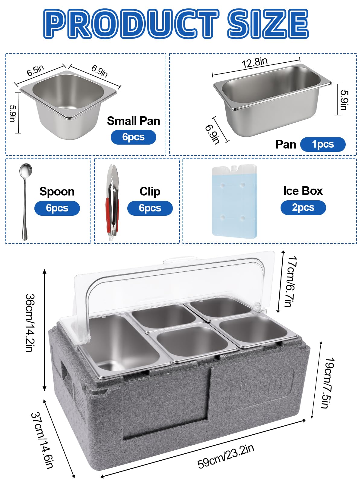 Kalolary Recipiente para ingredientes de acero inoxidable, 7 cuencos, para ensalada, estación de bufé, para platos fríos, con acumuladores de frío y tapas, juego de recipientes de bufé, bandeja para