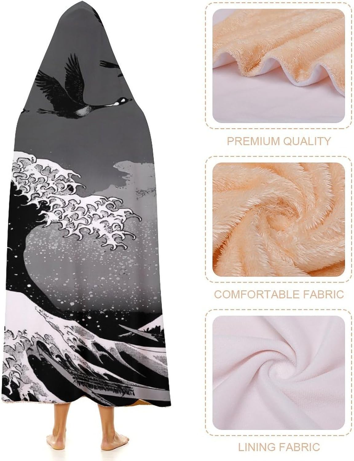 The Great Wave of Kanagawa Wearable Blanket Oversized Throw Cape | Cozy Hooded Blanket Gifts for Women Men