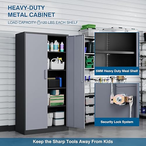 Miniatura 7 de Armario de almacenamiento de metal, 71 pulgadas de alto con estantes ajustables y puertas de bloqueo, armarios de herramientas para garaje, oficina,