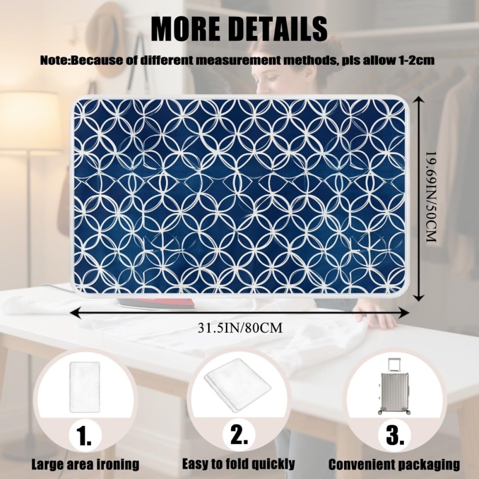 Bügelmatte Dunkelblaue Geometrie Bügeleinlage Faltbares Hitzebeständig Waschbar Bügelauflage für Tisch und andere Oberflächen Bügelbrett Unterlage rutschfeste Bügeldecke 80x50cm (2 Stück)