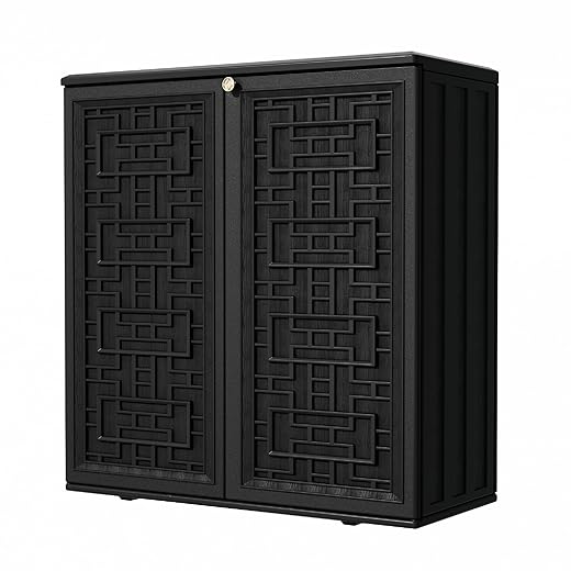 Outdoor Storage Cabinet Waterproof with Shelf,Resin Storage Sheds Outdoor Cabinets for tub towels/chemicals/grill items/Patio/Garden/Backyard, Size 34.3''L*15''W*36.2''H(Black)