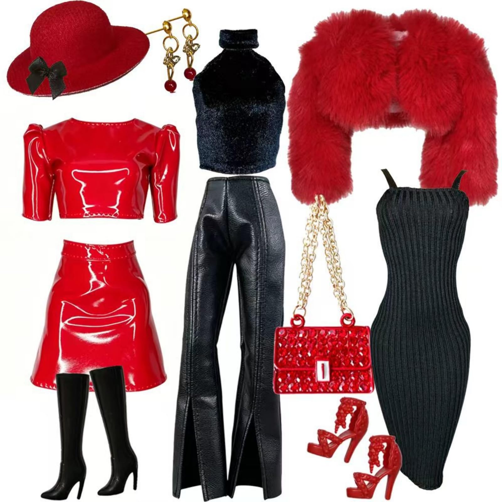 perfeclan Conjunto de Ropa para Muñeca BJD Miniatura Vestido Traje Accesorios Tela con Terminaciones Finas y Elementos Combinados Mejora la Escenografía de , Rojo, Negro