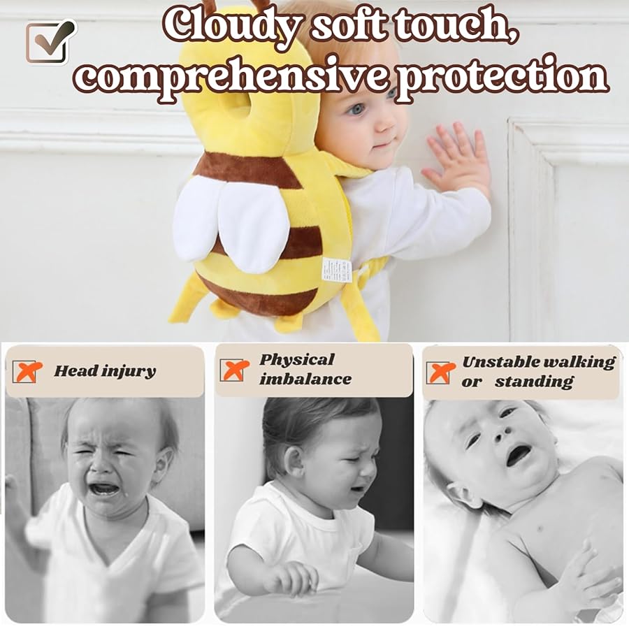 Baby Head Protector Backpack, Toddler Baby Head Protection Backpack with Baby Knee Pads Alarm Function for Walking & Crawling, Soft, Breathable and Wearing Safety Baby Head Protector - Yellow Bee - image 2