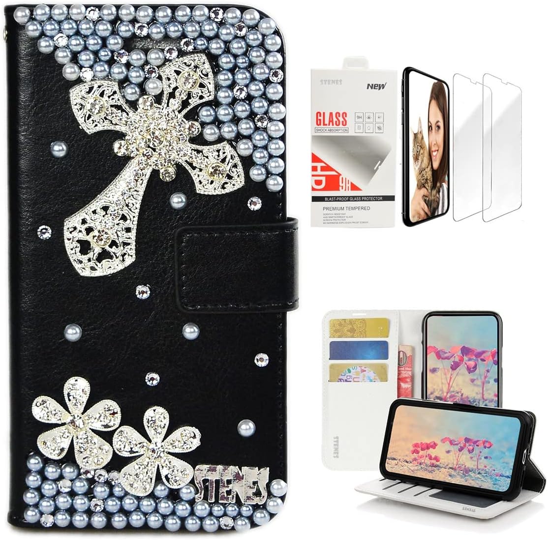 STENES Bling Wallet Phone Case Compatible with LG Stylo 6 - Stylish - 3D Handmade Crown Girls High Heel Flowers Leather Cover with Screen Protector [2 Pack] - Gold