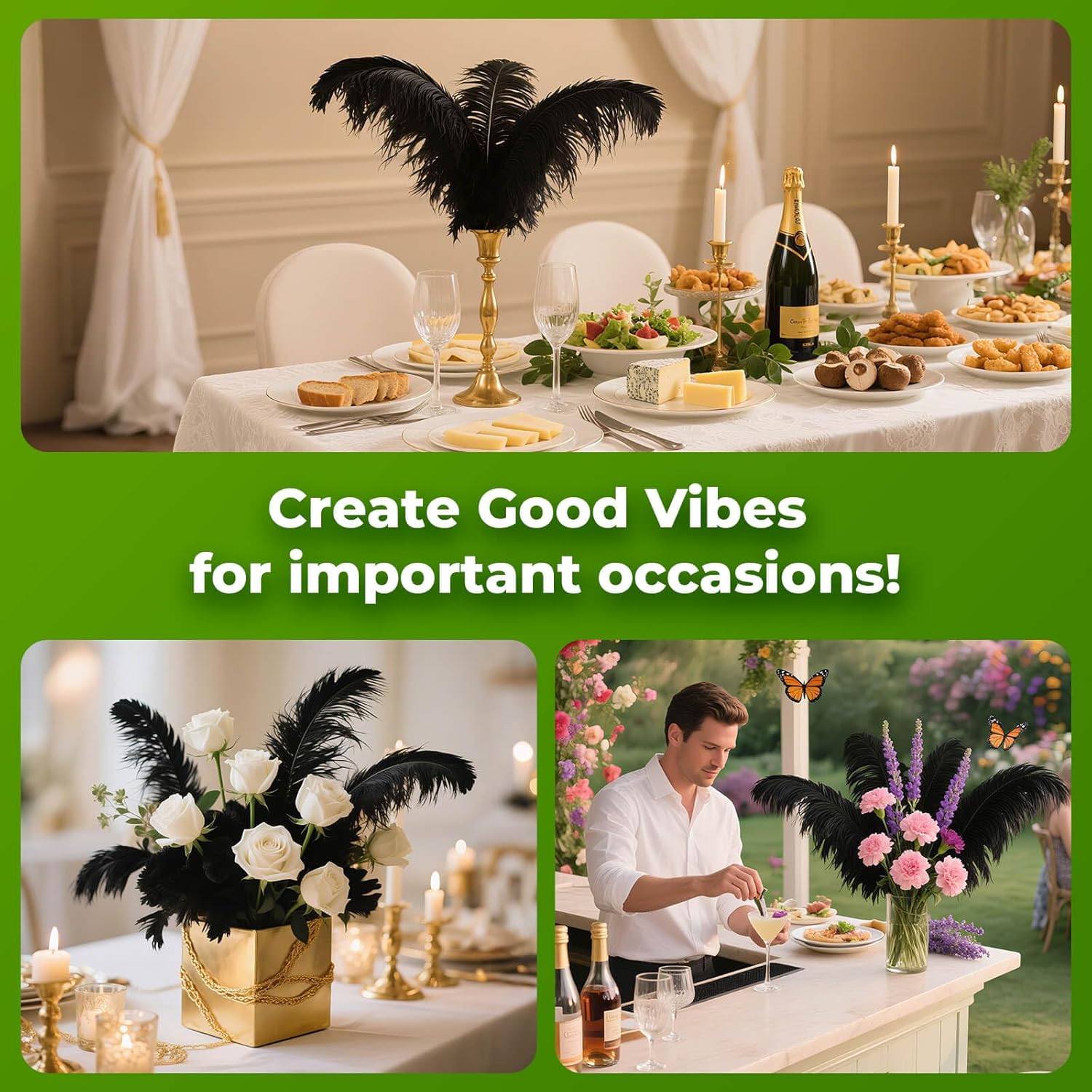 Piokio 40 pcs Black Ostrich Feathers Plumes 12-14 inch(30-35 cm) Bulk for Wedding Party Centerpieces and DIY Clothes Decoration, Gatsby Decorations
