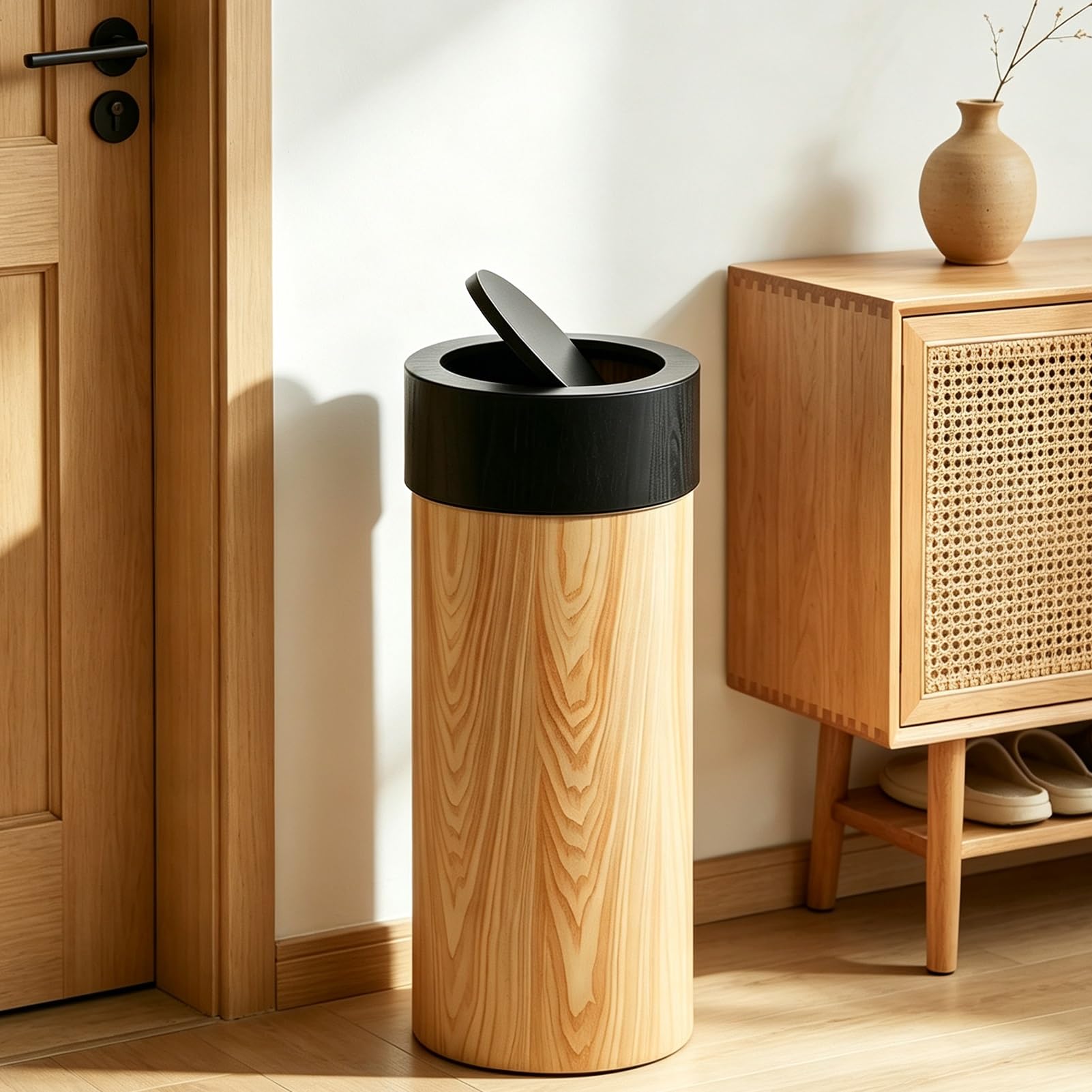 Drsyffsup Cestino per rifiuti in Legno massello con Coperchio Basculante, Bidone della Spazzatura, Pattumiera Rotonda per Camera da Letto, Bagno, Cucina, Soggiorno, Decorazione per Ufficio