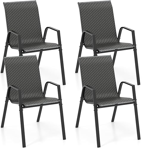 Miniatura 1 de Tangkula Juego de 4 sillas de ratán para patio, juego de sillas de comedor apilables con respaldo y asiento tejido de mimbre, marco de metal