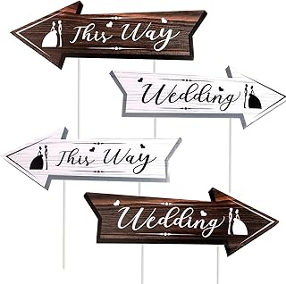 4pcs Wedding Directional Road Sign, 17x6 Inch Wedding Yard Signs with Stakes Double-side Printed Yard Sign Arrow Waterproof Wedding Signs for Ceremony & Reception Outdoor Road Signs