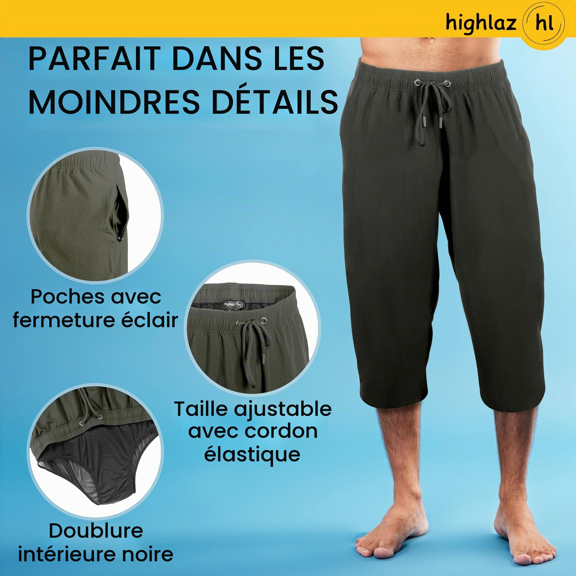 Short de bain pour homme, confortable, extra long, avec poches zippées, respirant, séchage rapide