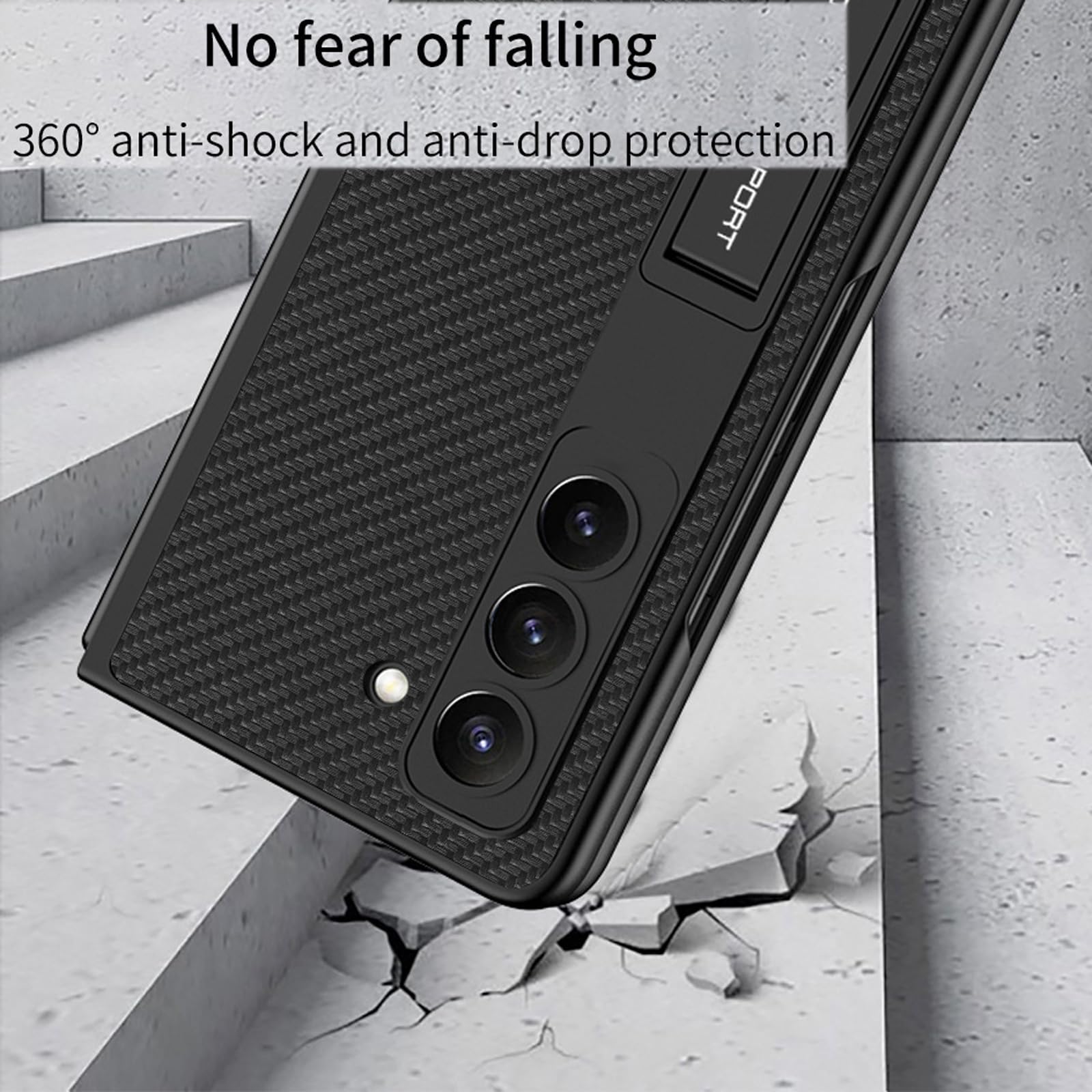 Kickstand Etui do telefonu Samsung Galaxy Z Fold 6, wąskie skórzane etui z teksturą z włókna węglowego, kompleksowa ochrona, odporne na wstrząsy, odporne na zarysowania, czarne, składane 6