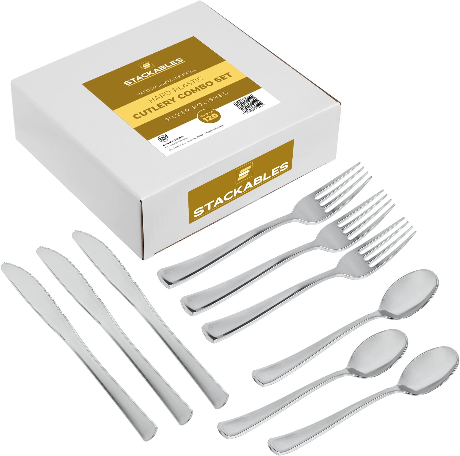 STACKABLES ~ 120 Piece Polished Silver Cutlery Set ~ Combo Cutlery of Spoons Forks & Knives 40 of Each ~ Hard Plastic Silverware ~ Reusable Flatware for Weddings Parties & Events