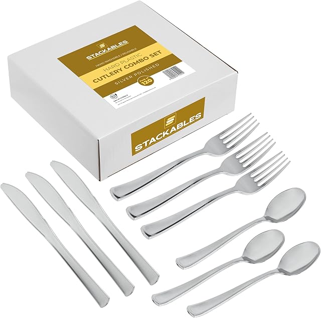 STACKABLES ~ 120 Piece Polished Silver Plastic Cutlery Set ~ Combo Plastic Cutlery of Spoons Forks & Knives 40 of Each ~ Hard Plastic Silverware ~ Reusable Flatware for Weddings Parties & Events