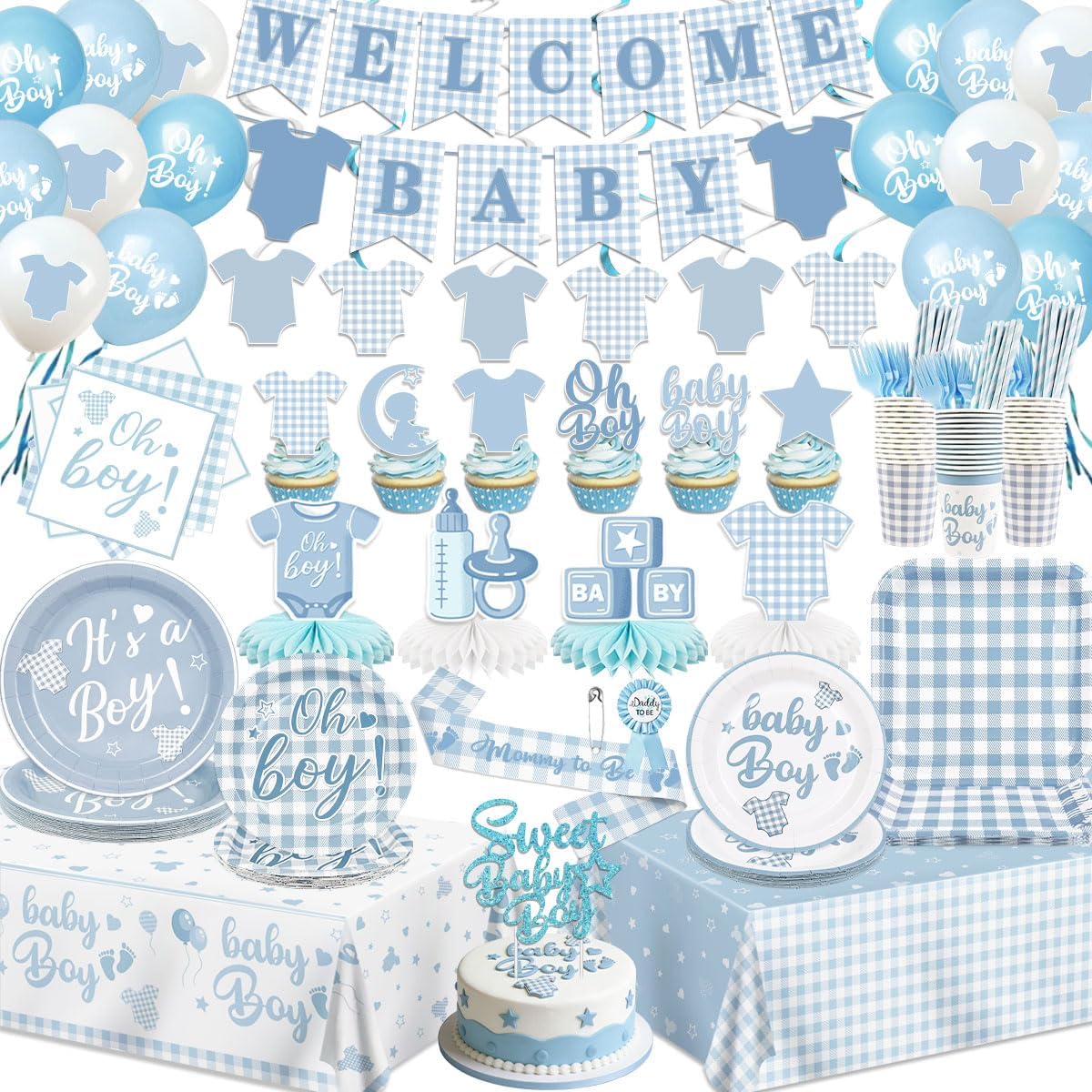 Blue Baby Shower Decorations Boy Blue Gingham Welcome Baby and Body Cloth Banner Plates Napkins Cups Sash Centerpieces Hanging Swirls Tablecloth Cake Topper Balloon Baby Boy Baby Shower Party Decor