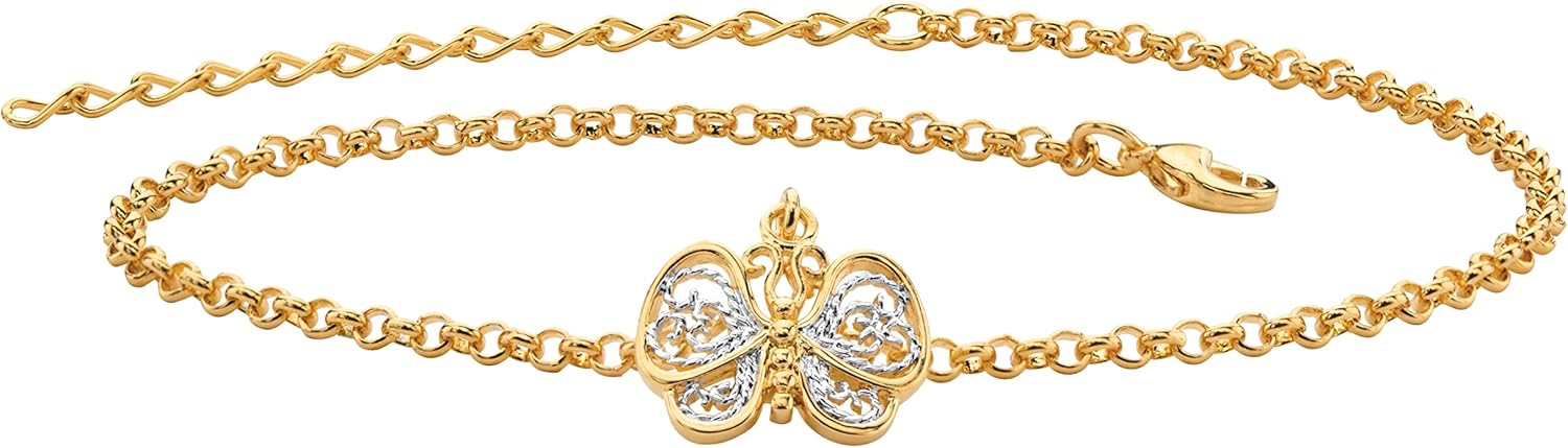 Palm Beach Jewelry PalmBeach Yellow Gold-plated Filigree Butterfly Two Tone Ankle Bracelet(12.5mm), 9 inches plus 2 inch extension