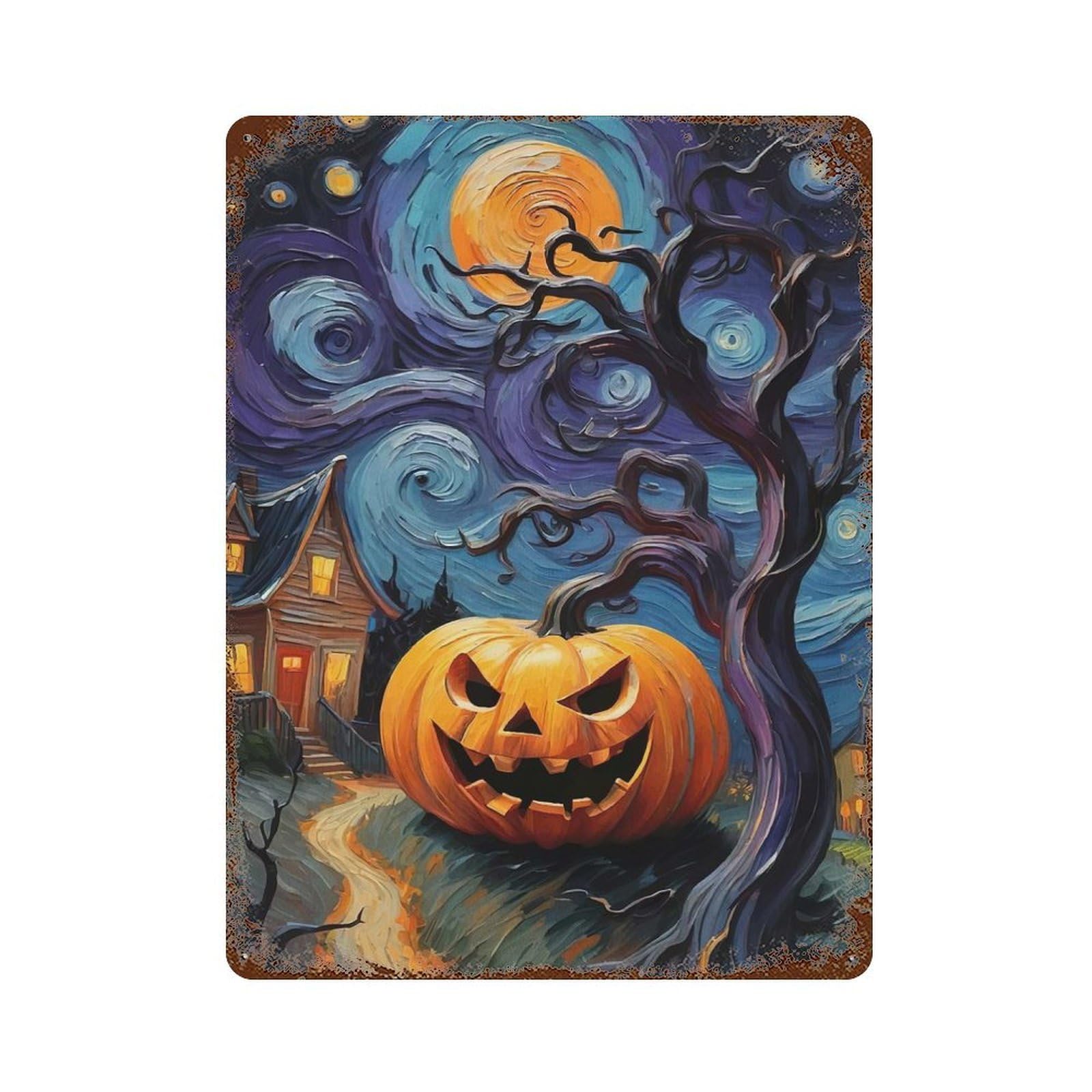 Retro Metal Sign with Halloween Pumpkin Night Design 15.7"x11.8", for Office, Studio And Wall Decor, Retro Wall Decor