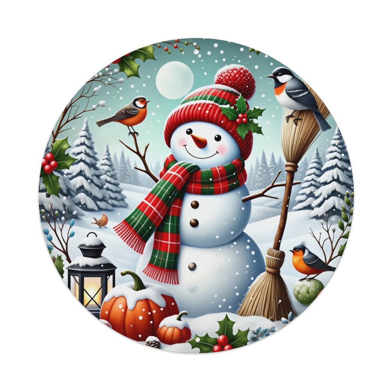 Snowman Winter Holiday Birds Lantern Round Tin Sign Retro Metal Sign for Cafe Bar Pub Home Game Room Gym Club Wall Decoration Vintage Metal Poster 8x8 Inch