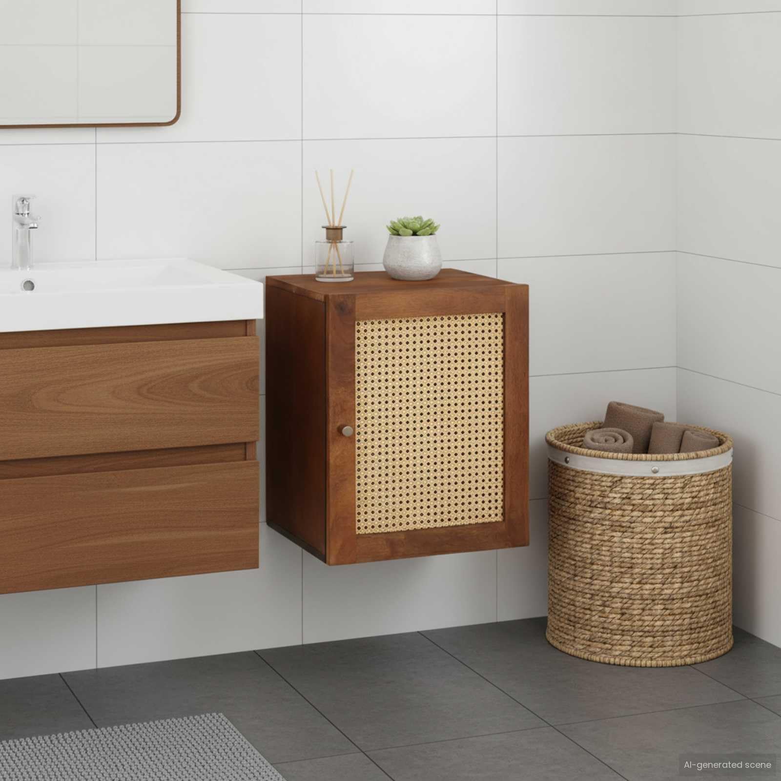 Tocador de baño marrón 38 x 33,5 x 48 cm de material de madera con puerta y 2 estantes, diseño moderno, duradero y ahorra espacio para aseo de invitados, lavadero y baños pequeños