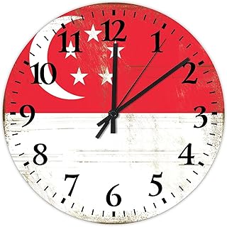 10 Inch Silent Non-Ticking Wall Clocks Battery Operated Singapore Wooden Wall Decor for Office Country Flag Patriotic Rustic Round Wooden Wall Clock Country for Garden Entryway
