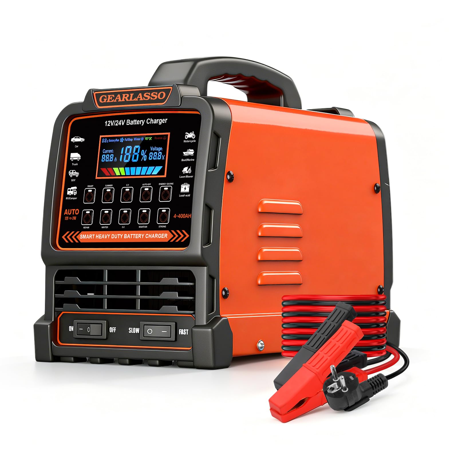 12V 24V Autobatterie Ladegerät, 0-15A Batterie-Erhaltungsgerät mit automatischer Abschaltung, 10 Lademodi inkl. CV/CC- & Strong-Modus, Smart Erhaltungs-Ladegerät für Auto, LKW, Motorrad, RV