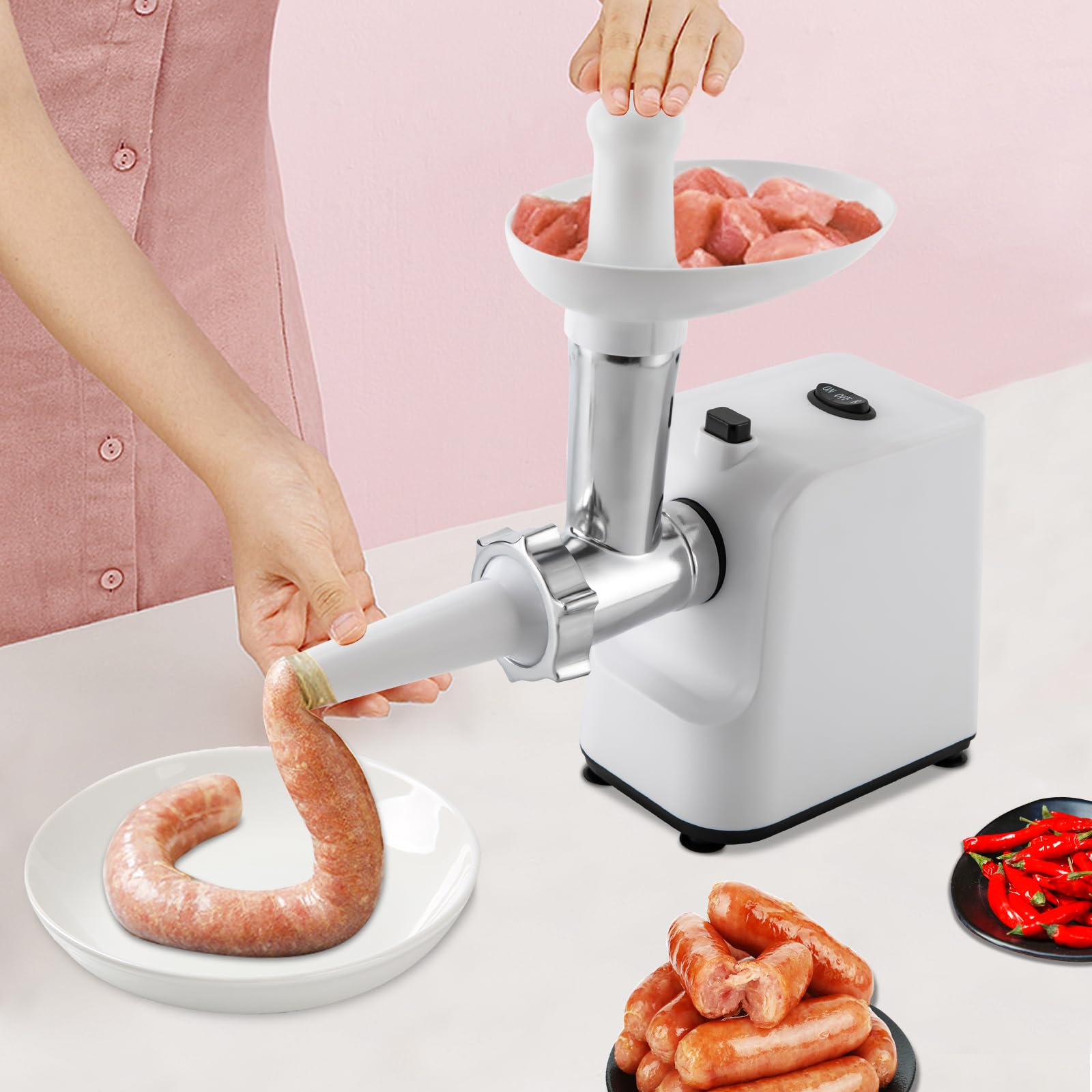Picadora de carne eléctrica de 1000 W con relleno de salchichas y 3 discos perforados de acero inoxidable para cocina (blanco)
