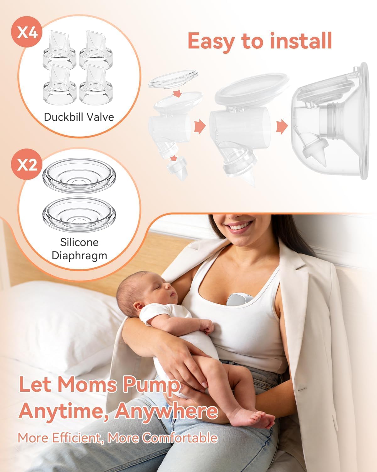 S9 Pro/S12 Pro/S9/S12 Duckbill Valve & Silicone Diaphragm Replacement Parts Compatible with Momcozy Wearable Breast Pump – BPA-Free Food-Grade Silicone Accessories (6 Pack: 4 Valves + 2 Diaphragms)