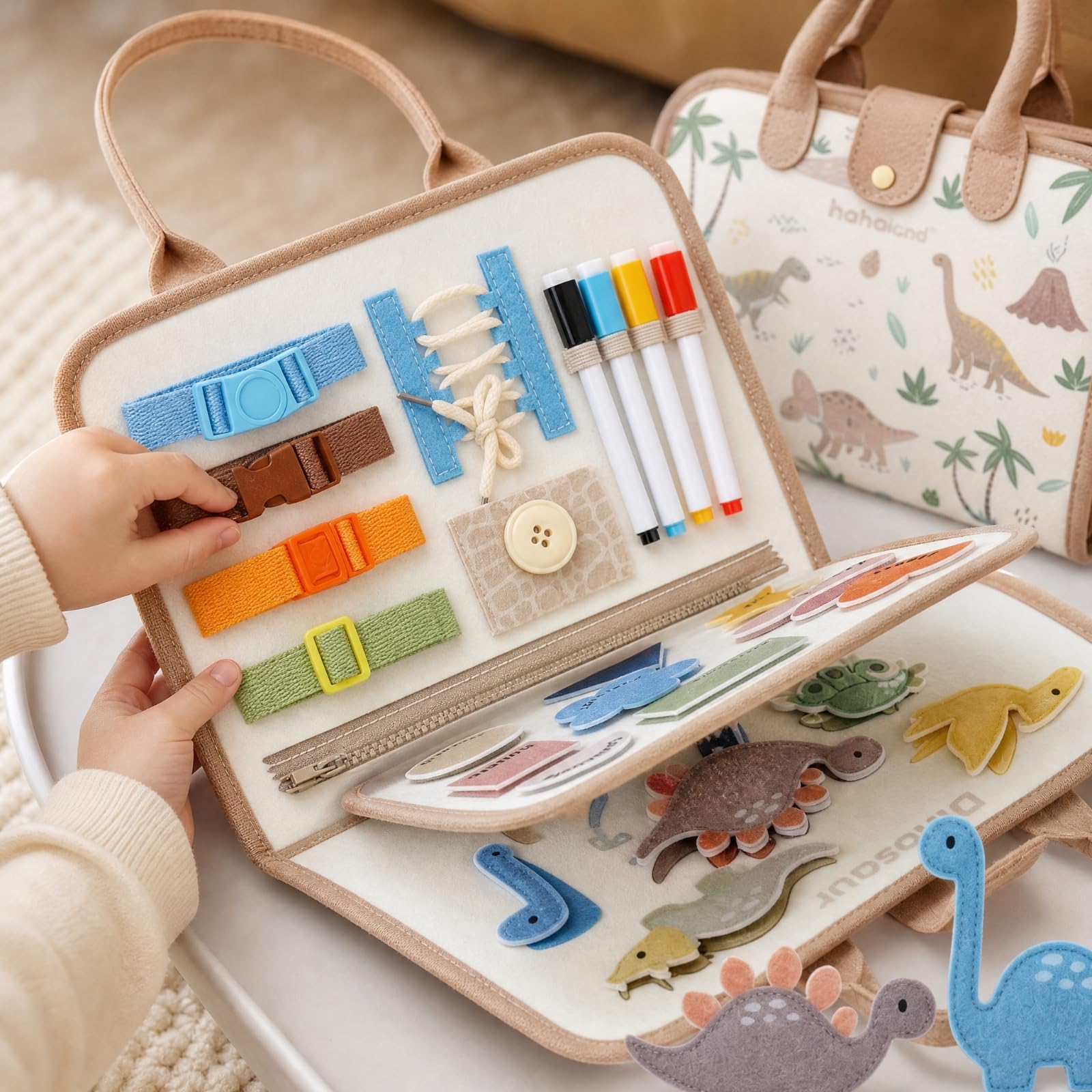 Tavola attività a Tema Dinosauro Portatile Tavola con Chiusura e attività di Vestizione Sicuro Busy Board per Bambini in età Prescolare