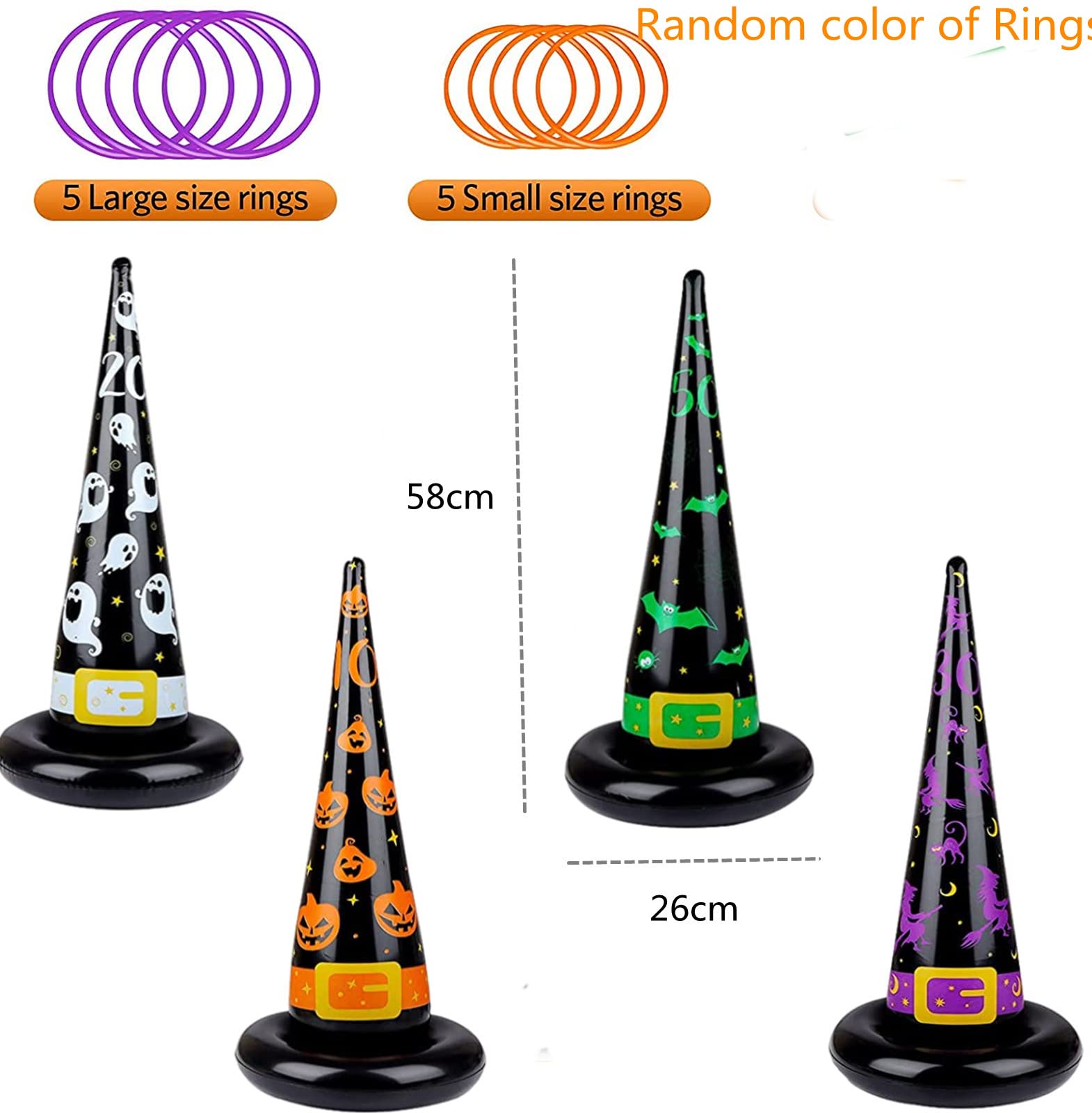 Jeu De Lancer D'anneaux Halloween - 5 Chapeaux De Sorcière Gonflables + 10 Anneaux - Pour Fêtes D'enfants Et Adultes
