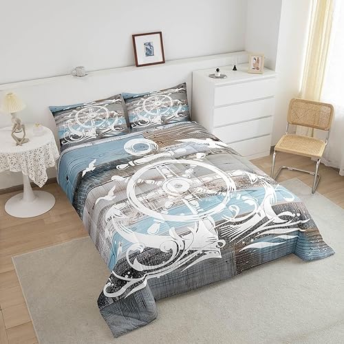 Miniatura 3 de Erosebridal Juego de edredón de ancla náutica, juego de ropa de cama con brújula oceánica, tamaño individual para niños, adolescentes y adultos,