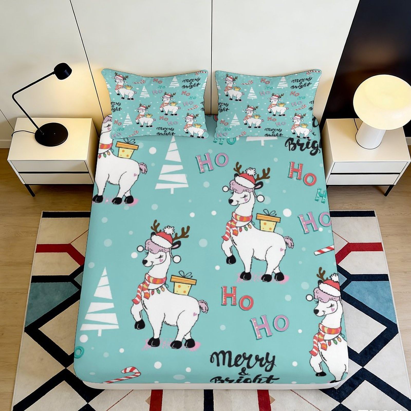 3D Printed Christmas Reindeer Fitted Sheet Microfiber Anti-Slip Blue Tree Mattress Cover for Bedroom Guest Room Decor 140x200x25cm