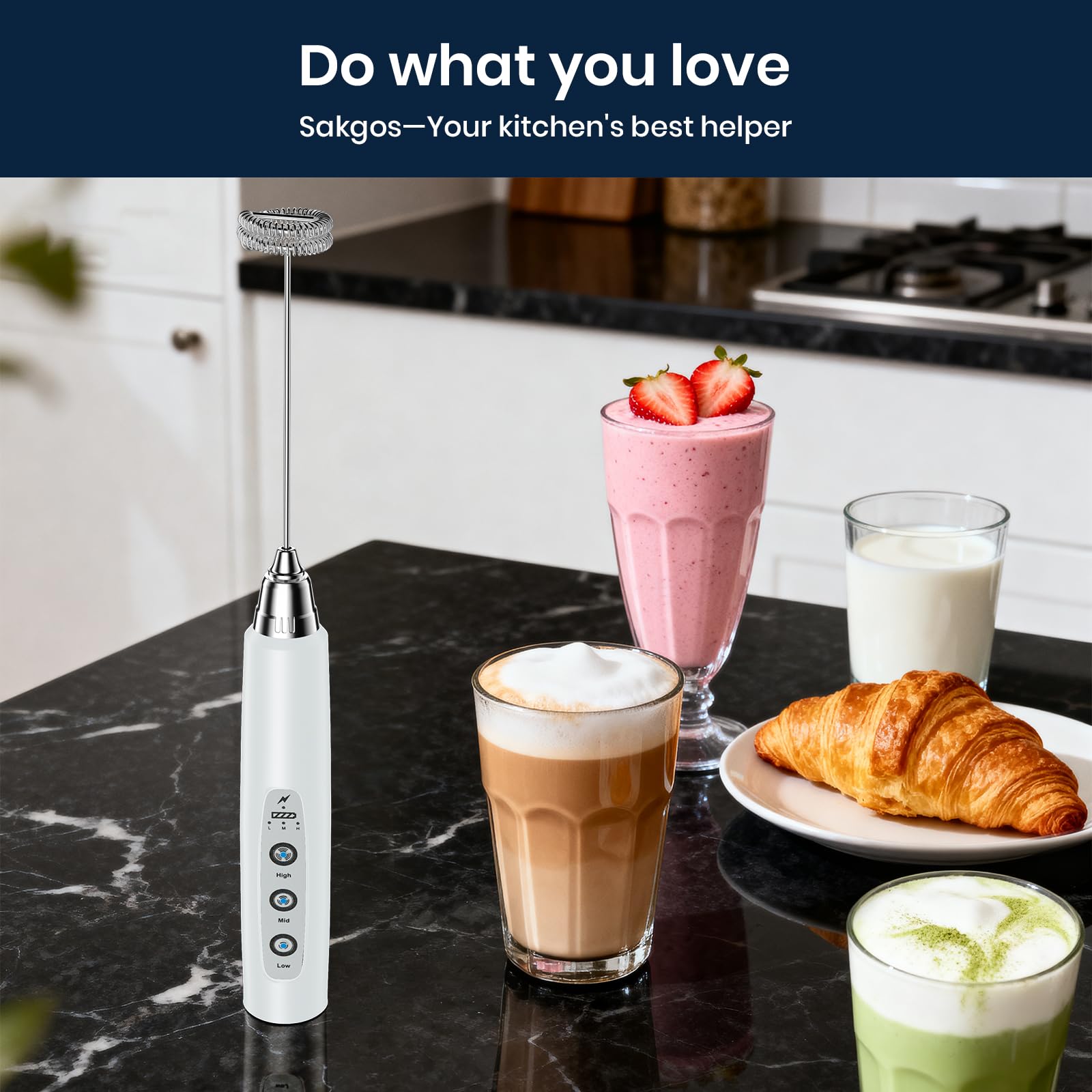 Sakgos Espumador de leche recargable de mano, batidor eléctrico de 3 velocidades ajustable, varita espumadora de café con 3 batidores de acero inoxidable, máquina eléctrica de espuma, batidora