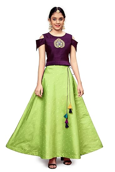 Fashion Dream Girls Ethnic Wear Jacquard Silk Embroidered Western Style Full Stitched Lehenga Choli Set (Readymade)