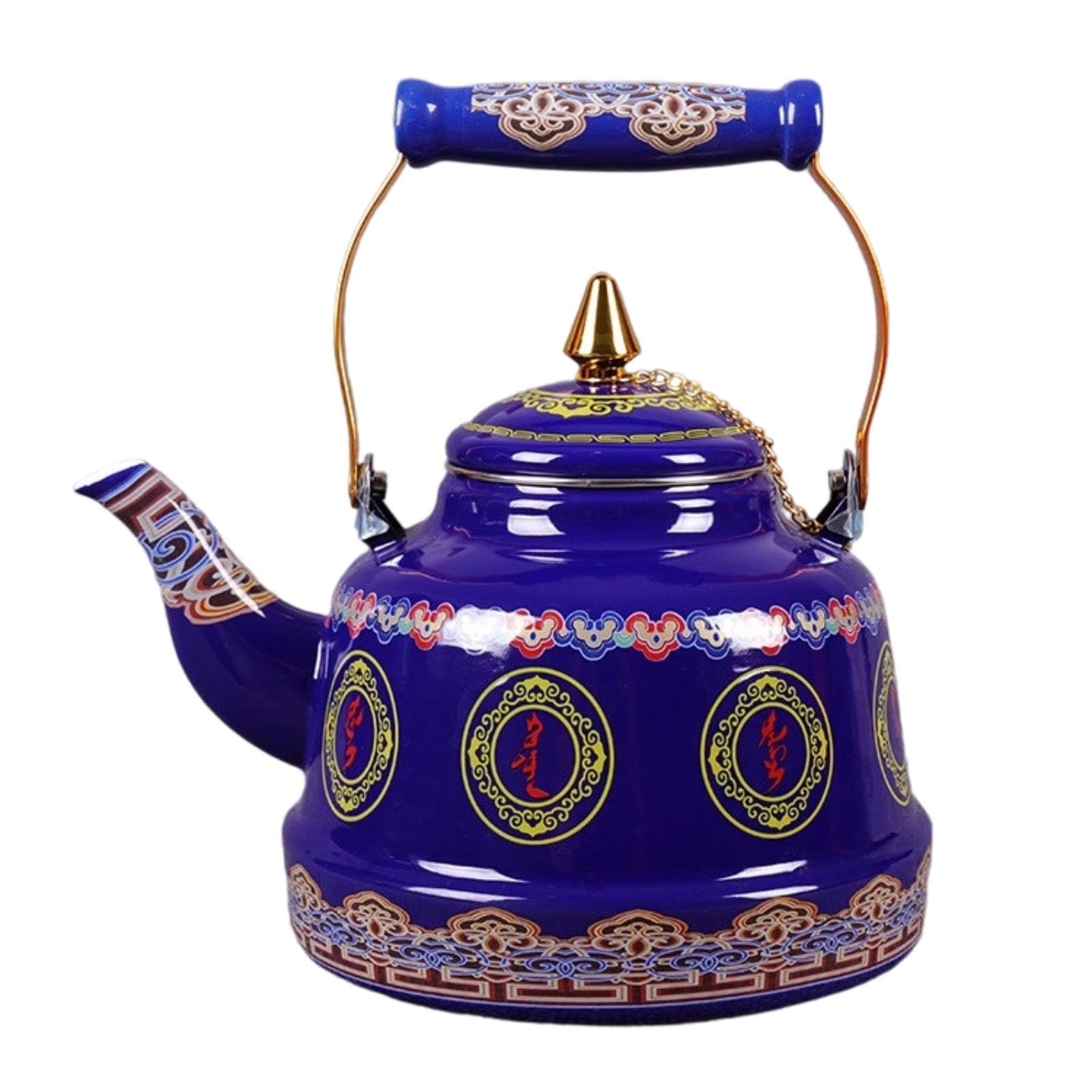 perfeclan Tetera de Esmalte Hervidor Jarra Recipiente para Bebidas con Mongoles y Dorados Cuerpo Amplio y Vertido Estable Adecuada para Infusiones Servicio de, 1.7 Litros