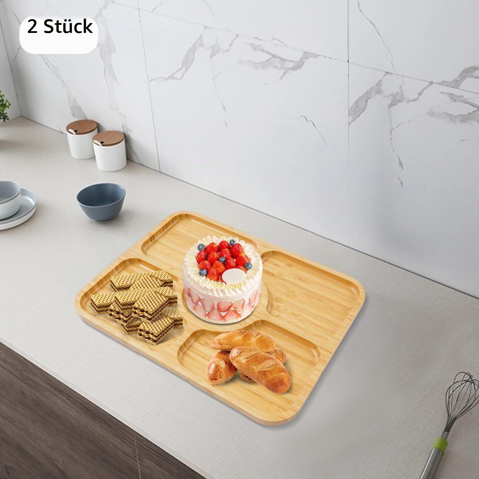 2 Stück Käsebrett mit Deckel, Servierplatte zus Bambusholz, Multifunktionales Speiseplatte mit Griff, Charcuterie-Brett für Familienmahlzeit, Versammlung, Picknick, 35.3 x 28.3 cm (5 Grid)