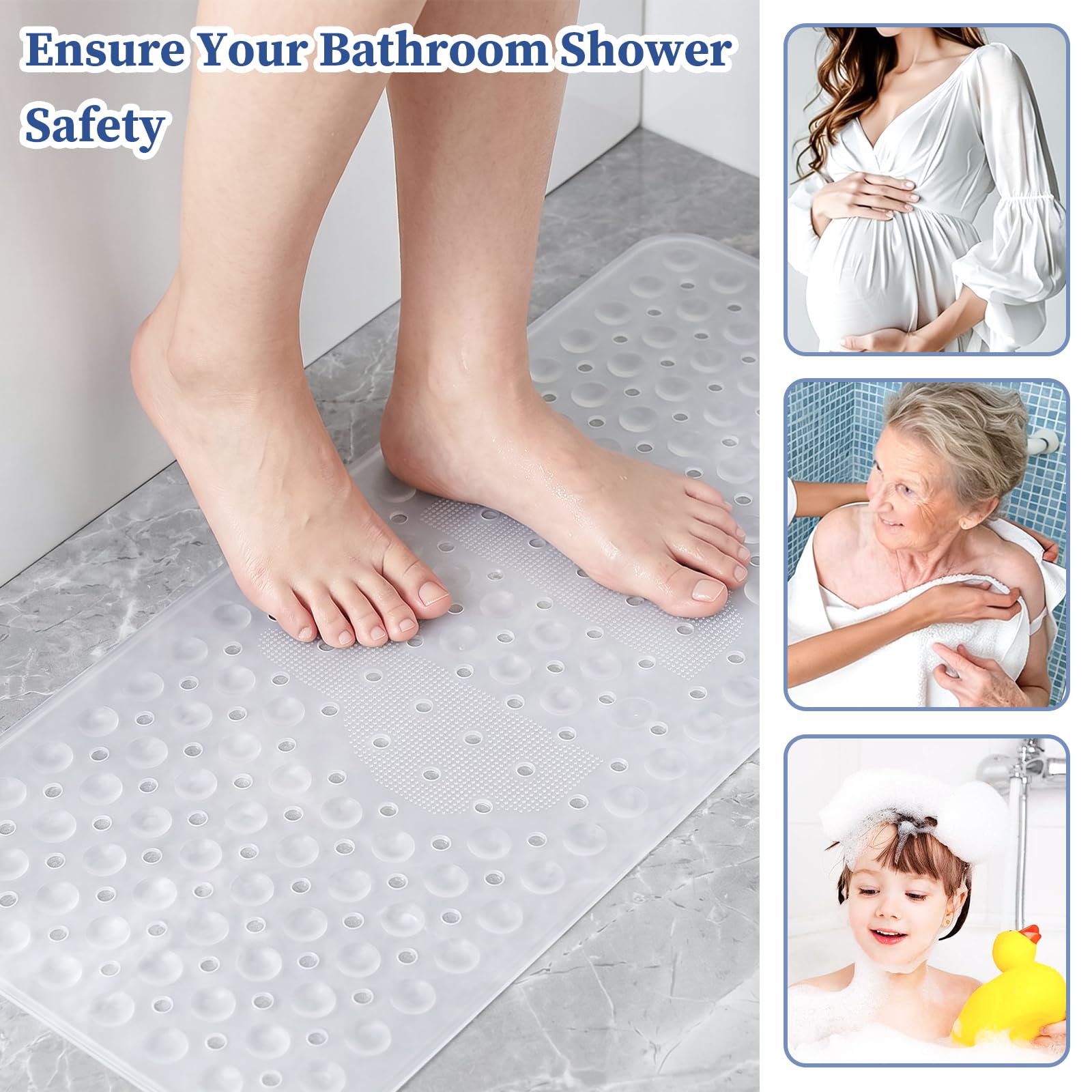 Tapis de Baignoire Antidérapant 92x40cm Silicone avec Ventouses Puissantes sans BPA Lavable en Machine
