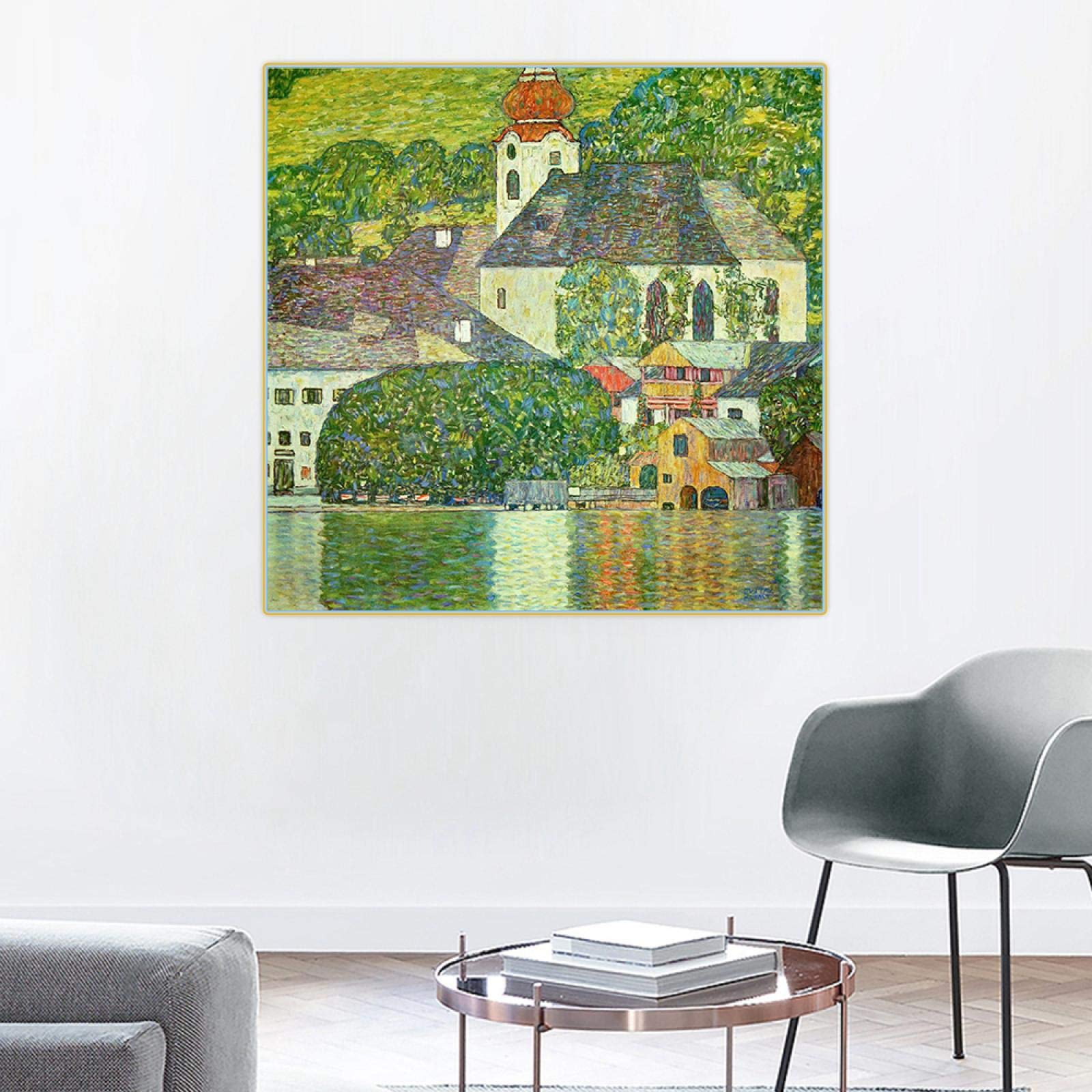 クリムト、ウンターアッハの教会、希少画集画、新品高級額、額装付、状態良好 クリムト、ウンターアッハの教会、希少画集画、新品高級額、額装付