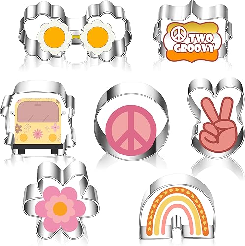 Miniatura 1 de Juego de 7 mini cortadores de galletas Groovy, cortador de galletas hippie, moldes de galletas de acero inoxidable, cortador de galletas de acero