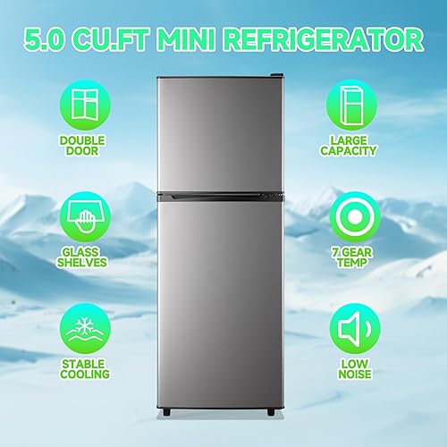 Miniatura 3 de Mini refrigerador de 5.0 pies cúbicos con congelador, frigorífico pequeño, soporte para bebidas, refrigerador de doble puerta, estantes de vidrio