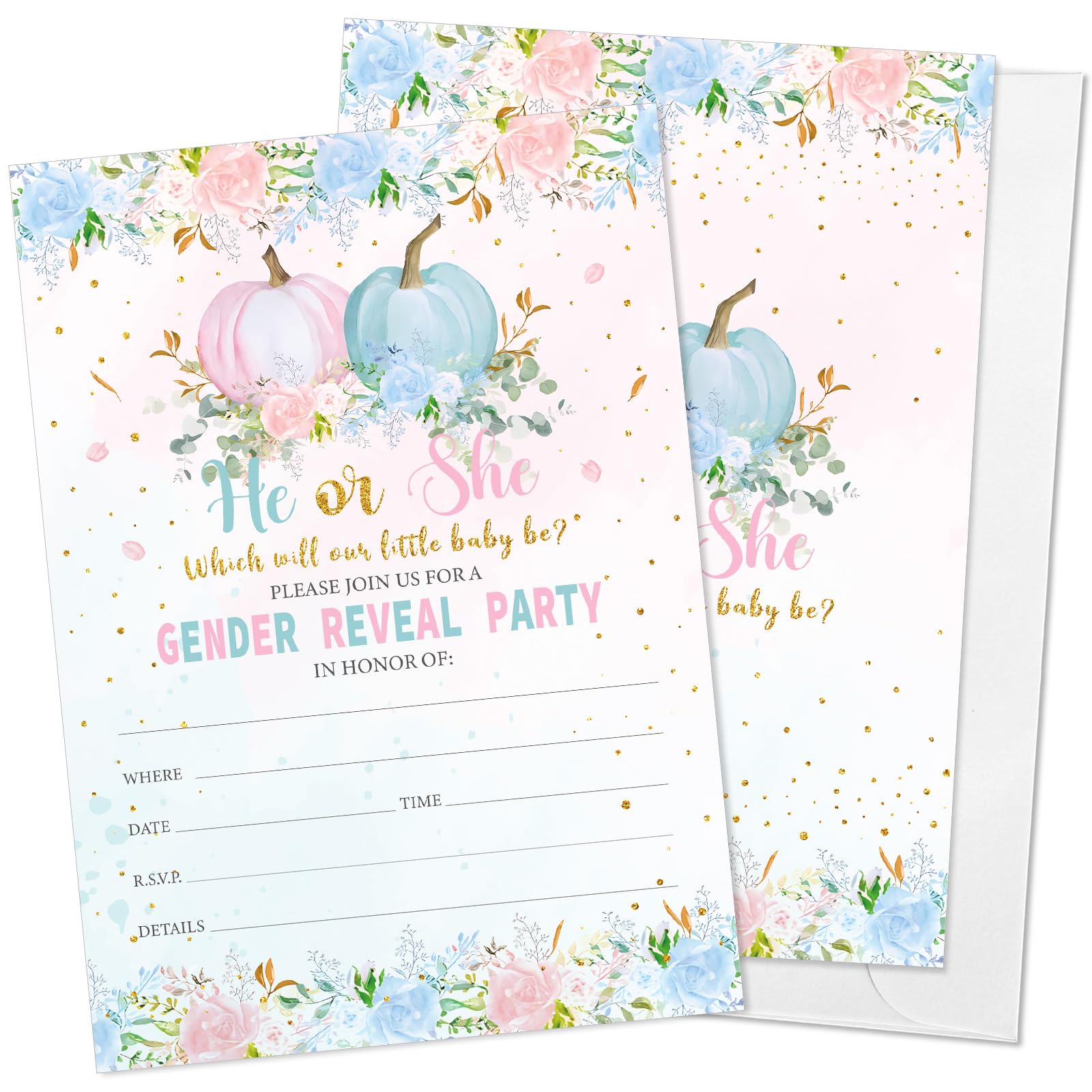 Whaline 25 Set Pumpkin Gender Reveal Party Invitation with Envelopes He or She Pink Blue Unisex Invite Paper Cards for Fall Autumn Birthday Baby Shower Decorations, 5 x 7in