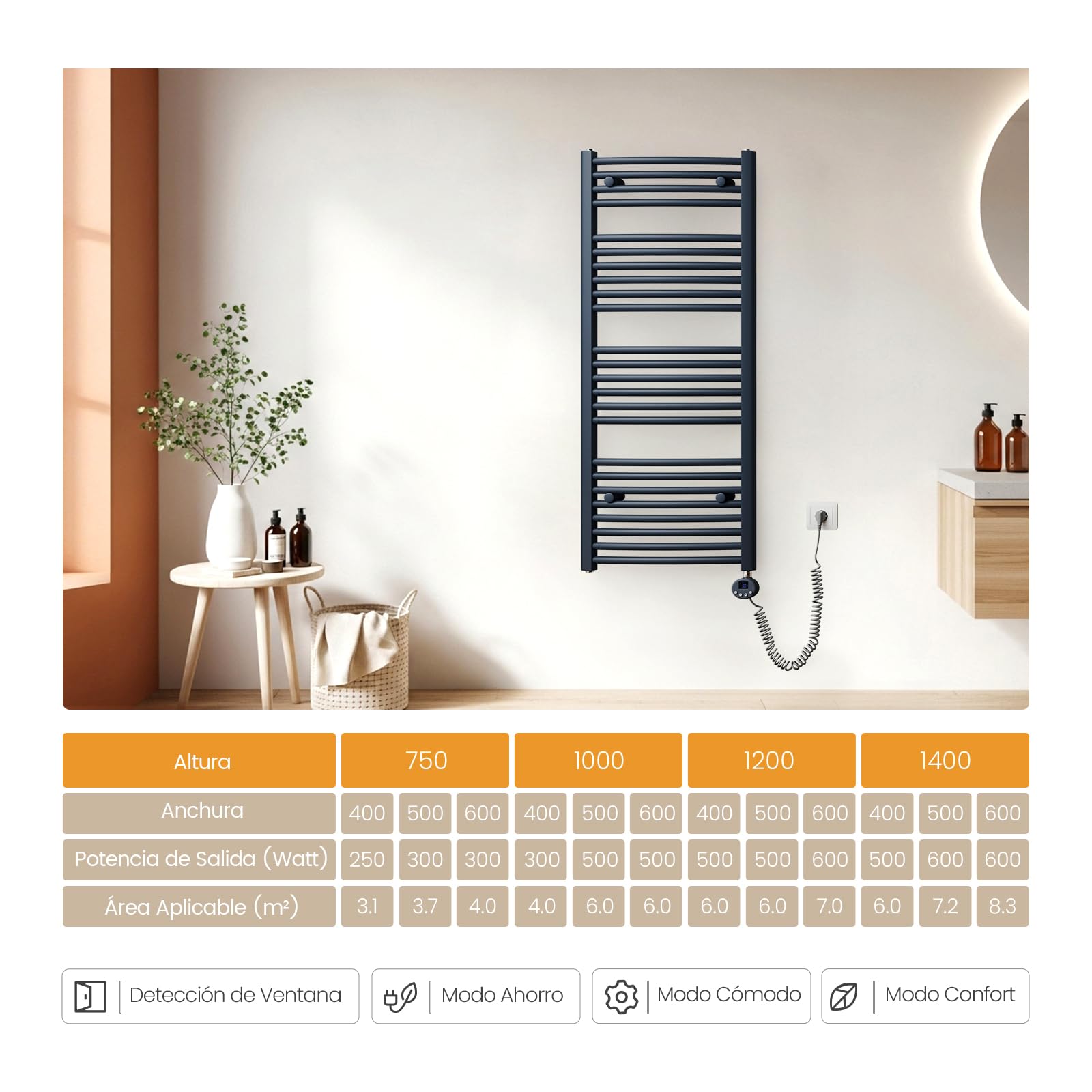 EMKE Toallero Eléctrico Baño con WiFi Termostato, 75 x 40 cm, Antracita | Radiador Curvado con WiFi Termostato,Toallero Electrico Baño, ,secador de Toallas electrico para baño, 300 Watts