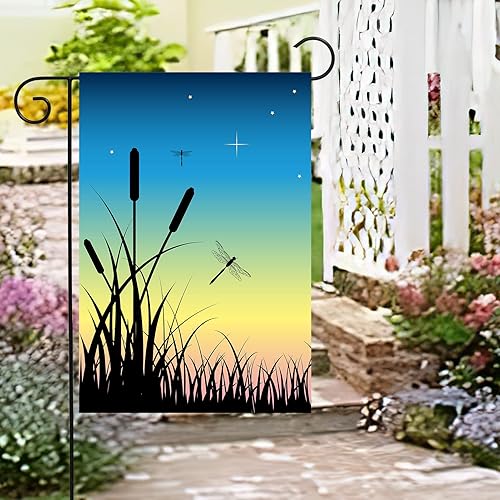 Miniatura 3 de Pickako Bandera de verano y primavera, diseño de libélula, puesta de sol nocturno, sobre el pantano, jardín, patio, 12 x 18 pulgadas, banderas