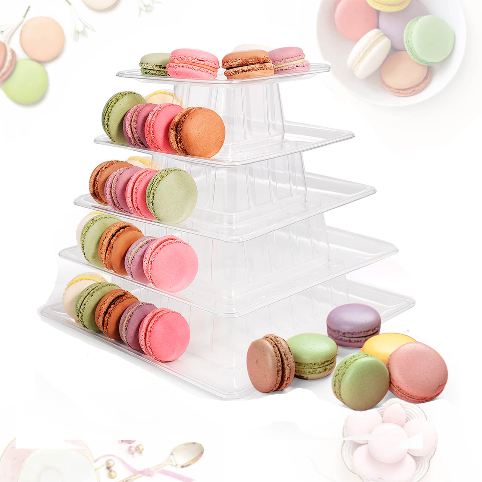 Macaron Tower Stand, Bhbuy 5 Tier Square Clear Plastic Macaron Multifunction Cupcake Cookie Dessert Display Cake Stand for Wedding Christmas Birthday Party Bakery Decor (Square)