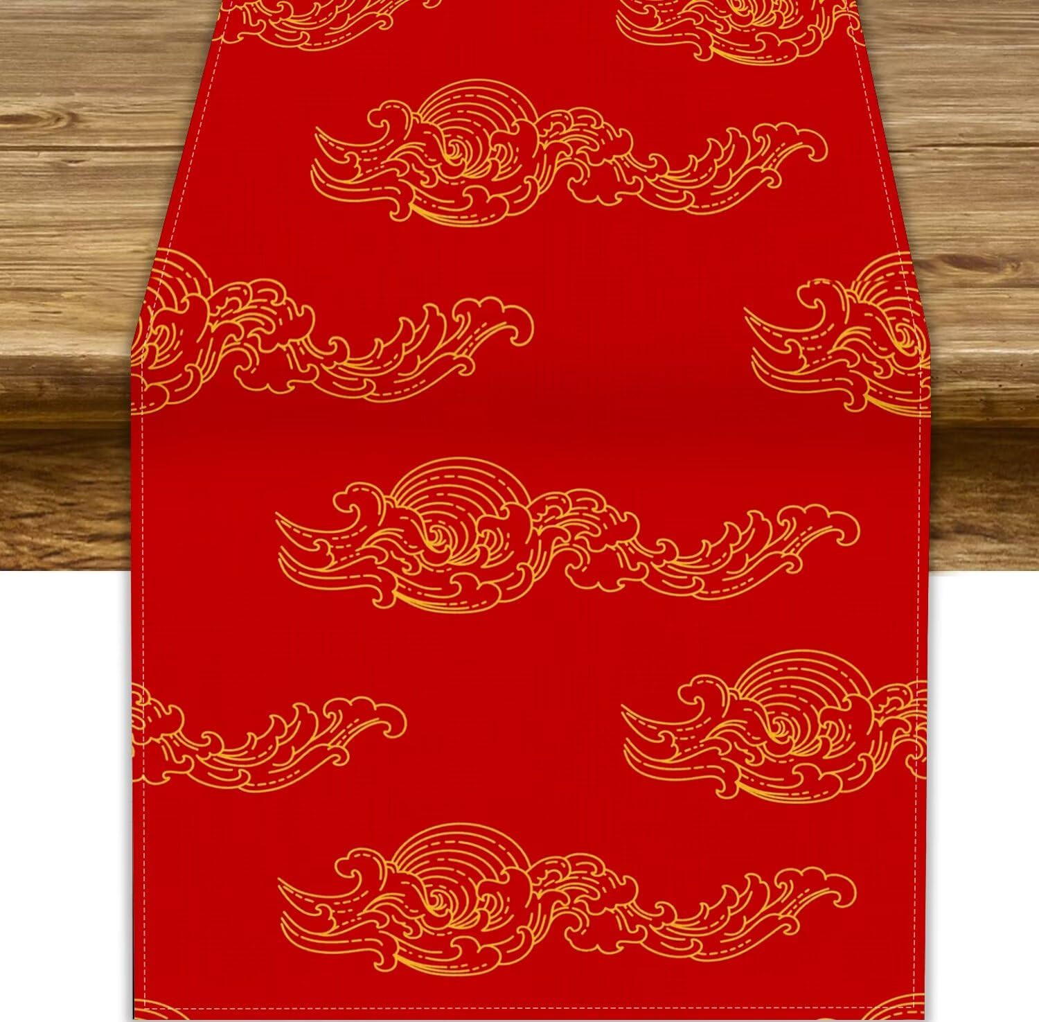 Japanese Table Runner, Traditional Asian Red Golden Cloud Chinese Style Print Dinner Table Decoration for Home Living Room Kitchen Dining Room 13x60in