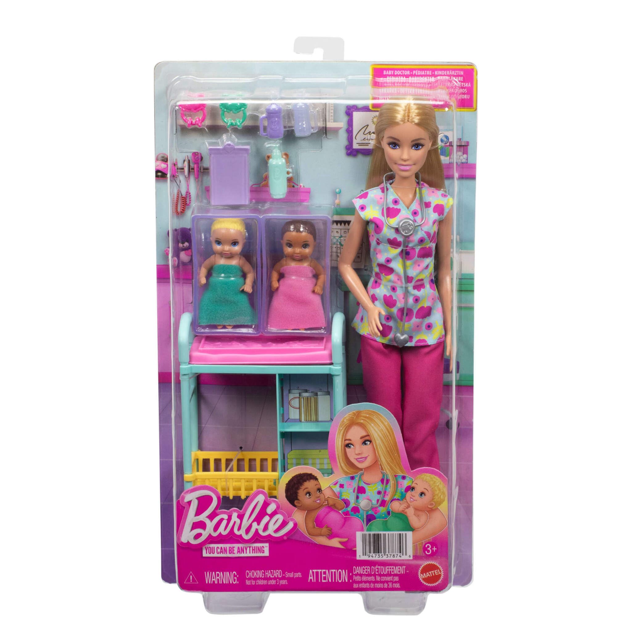 Barbie Profesiones Conjunto de muñeca pediatra con Pelo Rubio y Vestida con una Bata, 2 muñecos bebé, Mesa de reconocimiento y Accesorios, JMK12