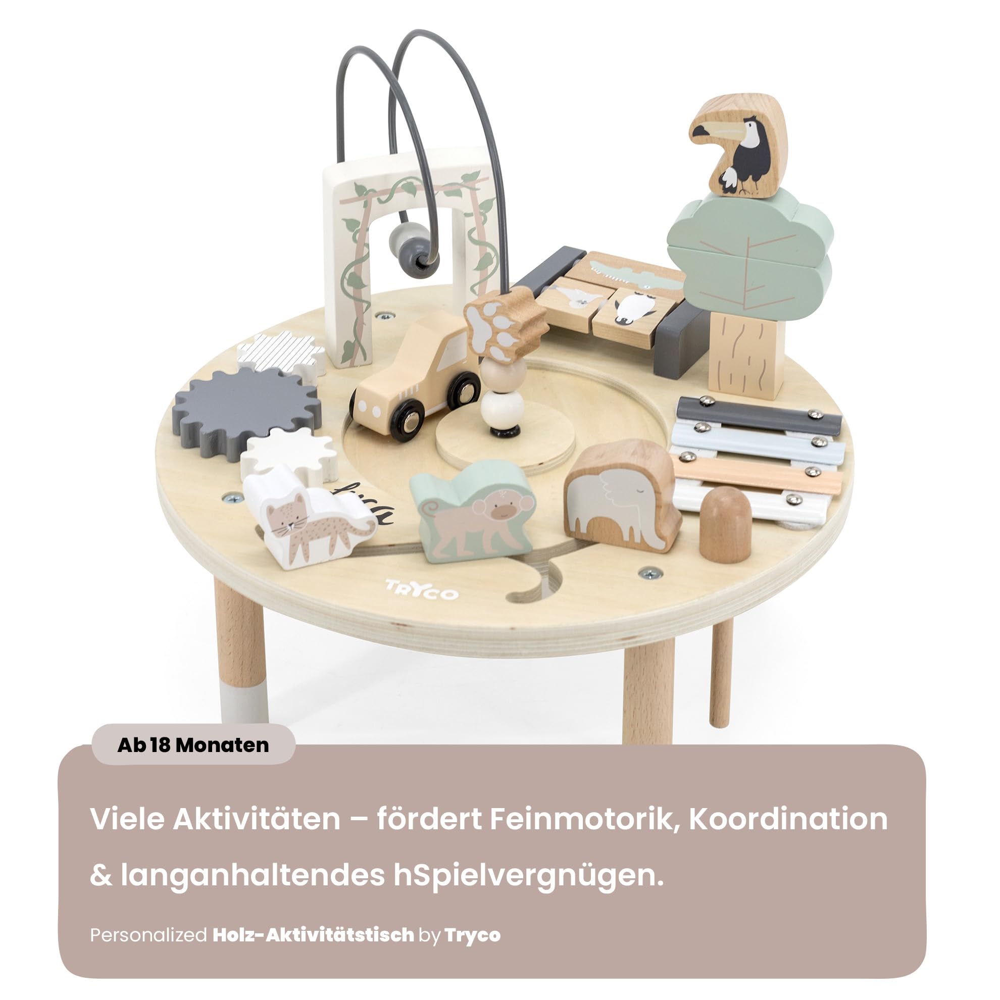 Personalisierbarer Holz-Aktivitätstisch – Motorikspiele & Lernaktivitäten – für Babys & Kleinkinder – mit Namen personalisiert - Tryco