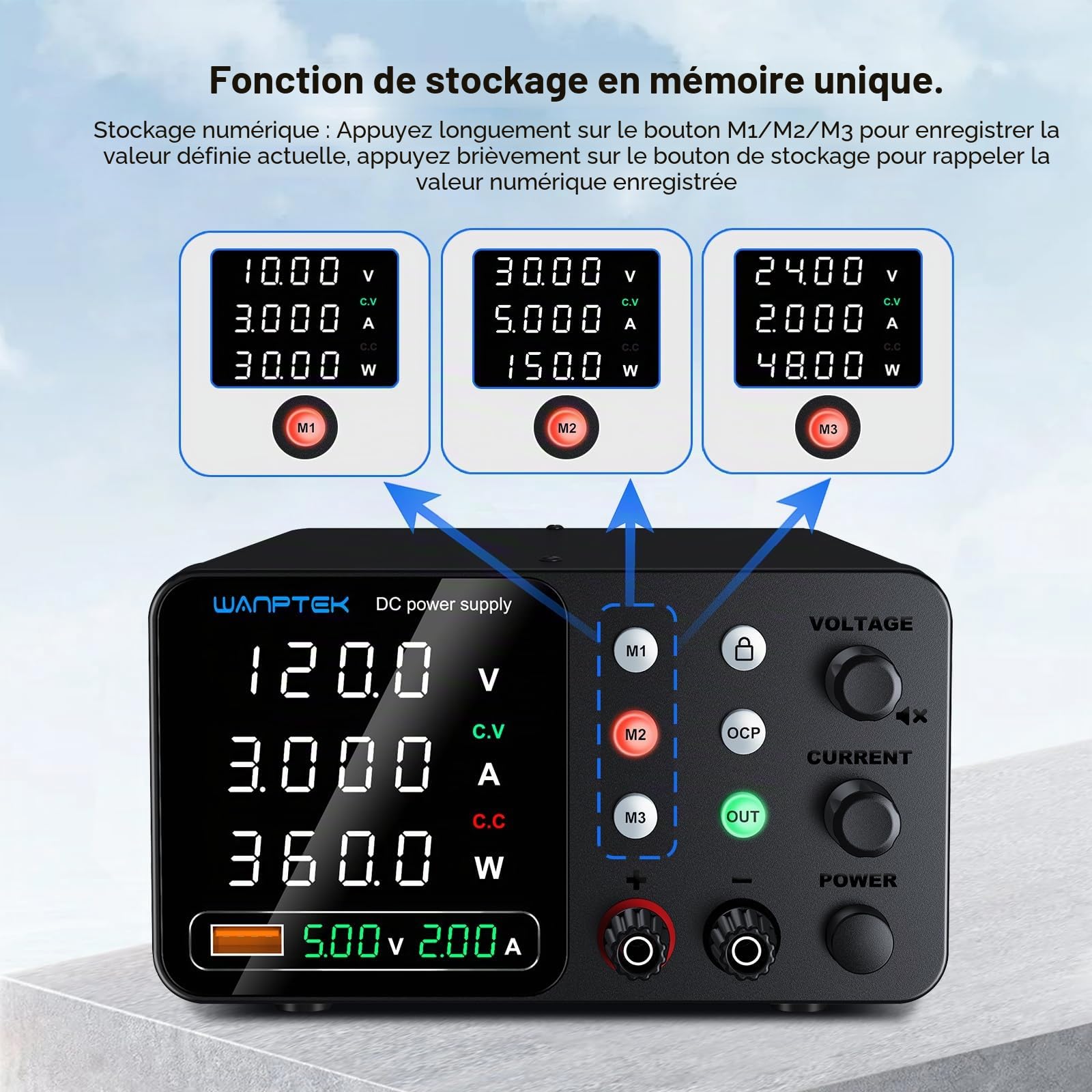 Alimentation de Laboratoire 120V 3A avec 3 Mémoires et clé de Verrouillage, Alimentation Stabilisée Réglable avec Protection OCP/Sorties/Charge Rapide USB/Affichage LED à 4 Chiffres