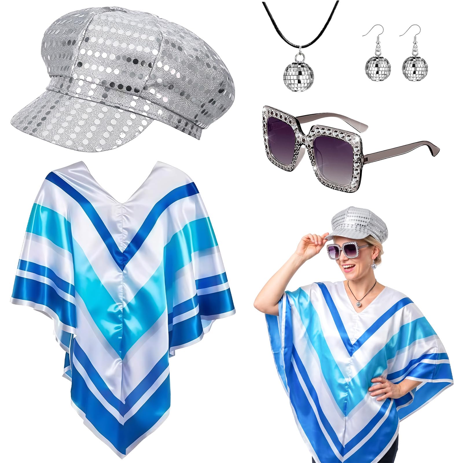 Moiuguli 5Pcs 1970s Disco Accessories Set for Women, Silver Abba Fancy Dress Costume Accessories with Sequin Hat Leg Warmers Bling Sunglasses Earrings Necklace for Adults Retro 70 Theme Party Dance