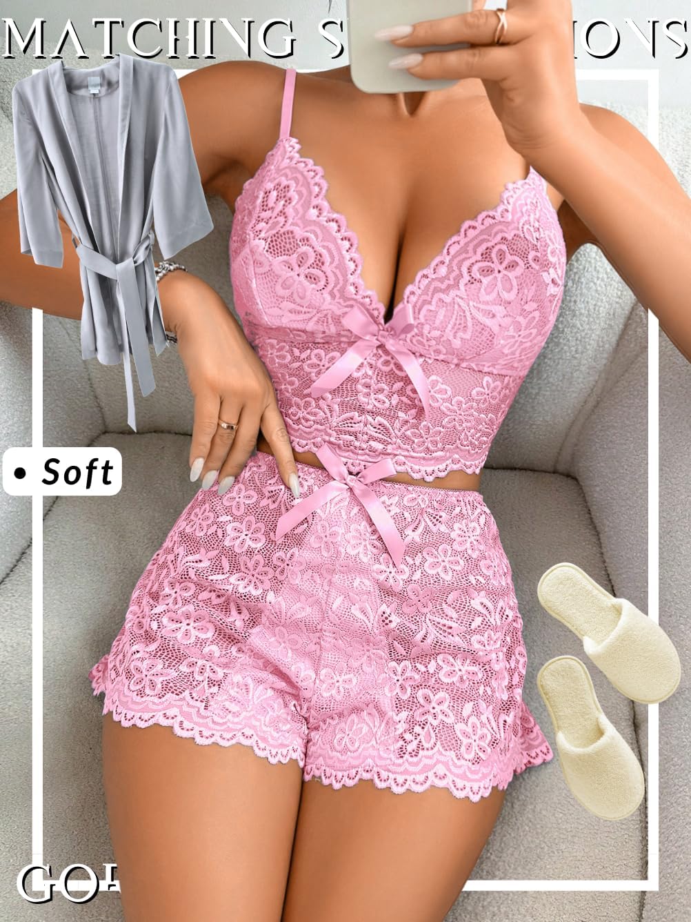 Bow Tie Sexy Lace Sheer Pajama Lingerie Set for Women, Floral Bra and Panty Set 2 Piece High Waisted Sleepwear - Image 4