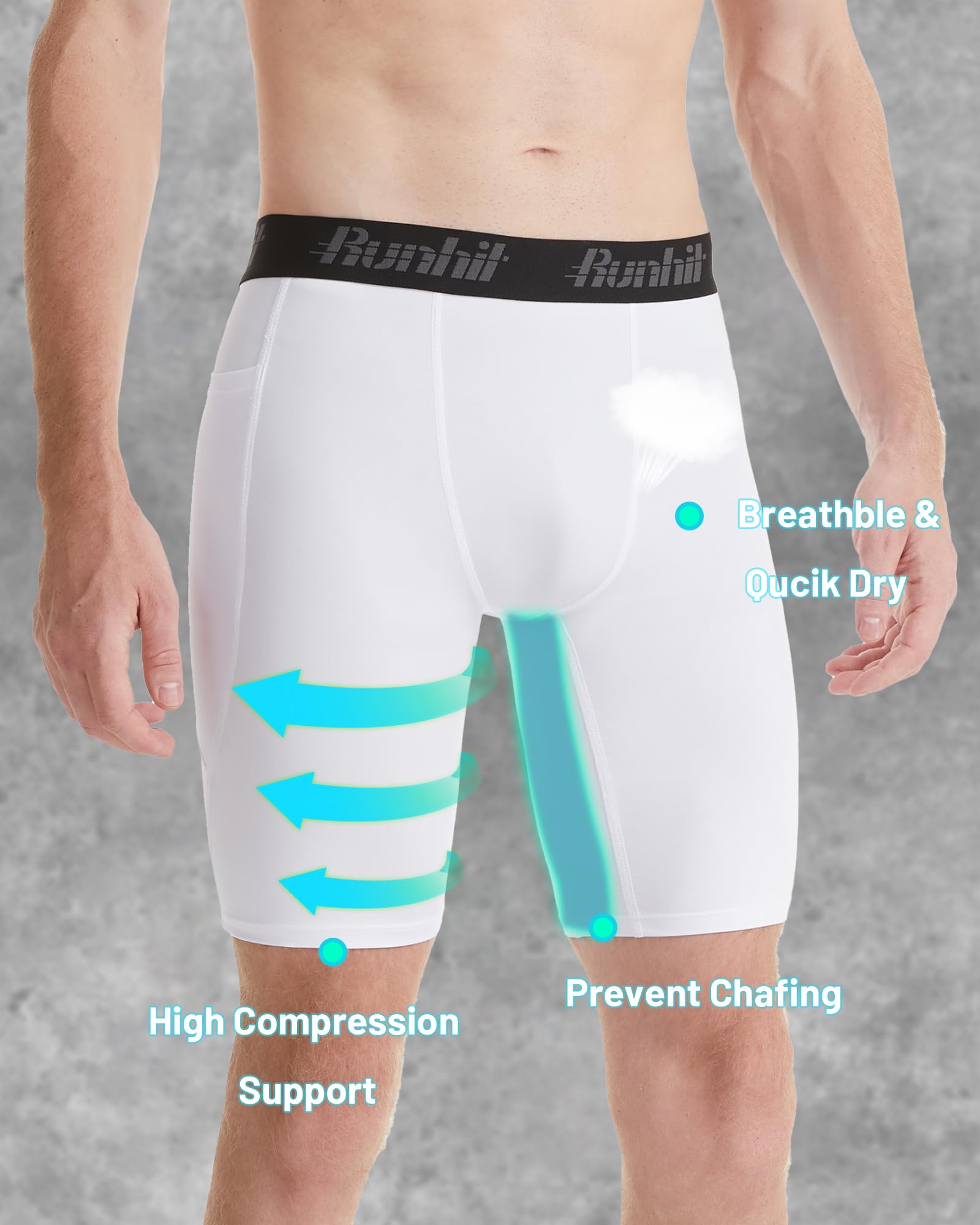 Runhit Pantalones cortos de compresión para hombre con bolsillos, pantalones cortos deportivos de 9 pulgadas para entrenamiento, deportes, correr, ropa interior de elastano